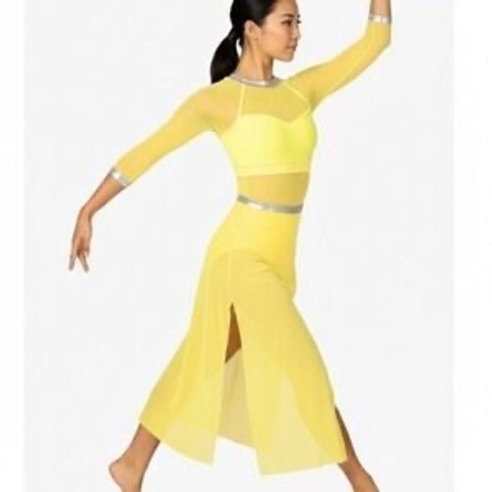 Double Platinum Size Medium Neon Yellow Rhinestone Leo and Skirt Dance Costume